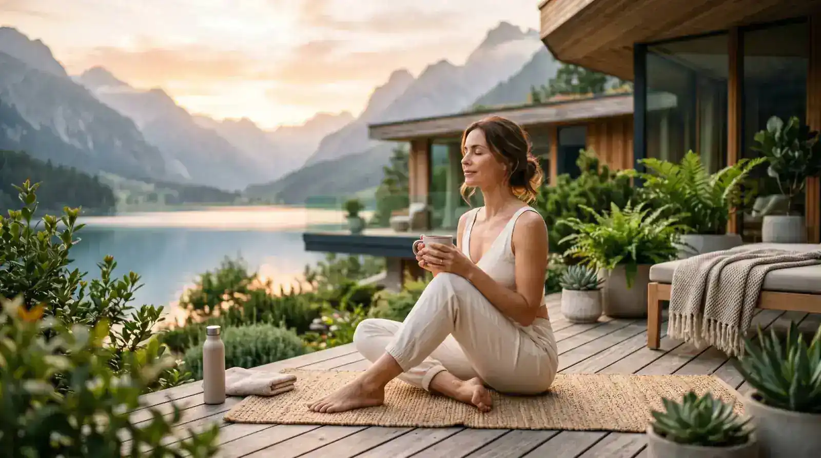 serene lakeside wellness retreat at sunrise